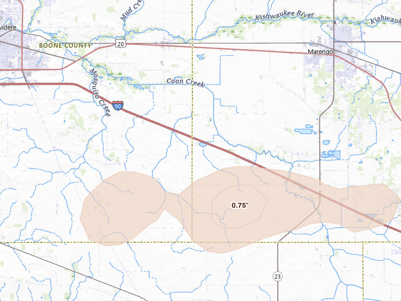 Radar-estimated hail-size map of the storm over Garden Prairie, IL on Jul 4, 2026