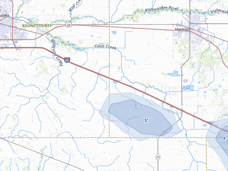 NEXRAD radar-signature map of the hail over Garden Prairie, IL