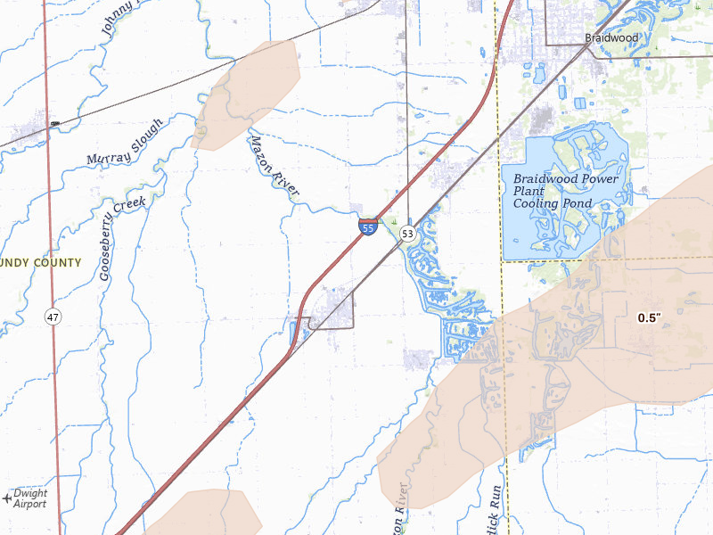 Radar-estimated hail-size map of the storm over Gardner, IL on Jun 11, 2026