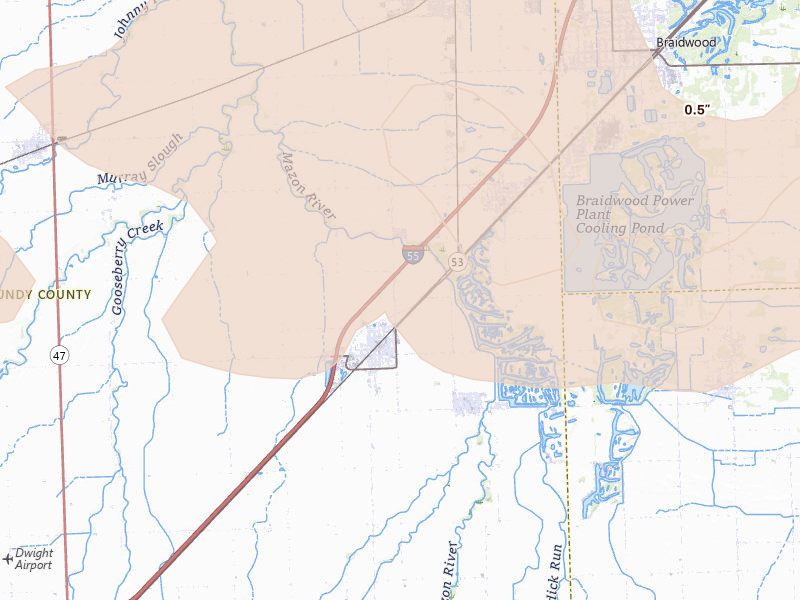 Radar-estimated hail-size map of the storm over Gardner, IL on Aug 11, 2026