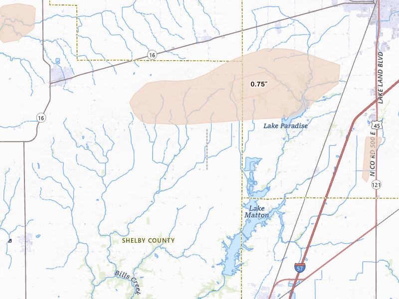 Radar-estimated hail-size map of the storm over Gays, IL on Mar 22, 2026
