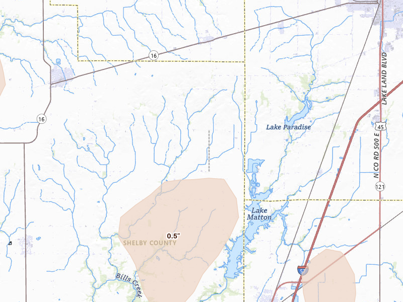 Radar-estimated hail-size map of the storm over Gays, IL on Apr 27, 2026