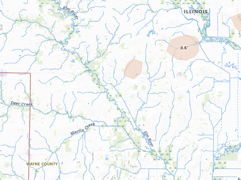 Radar-estimated hail-size map of the storm over Geff, IL on Jun 11, 2026