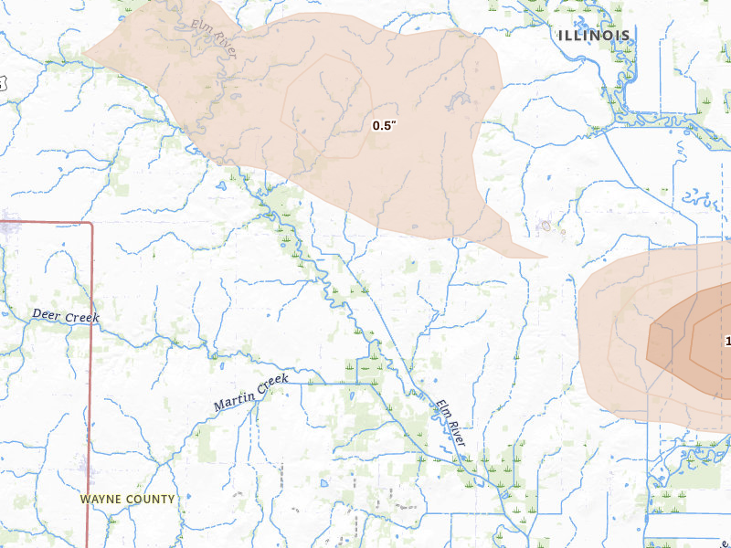 Radar-estimated hail-size map of the storm over Geff, IL on Jul 9, 2026