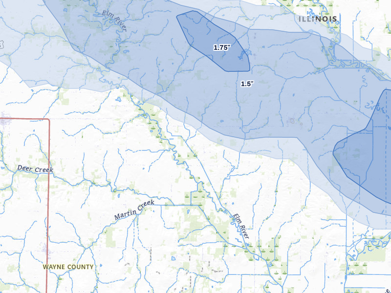 NEXRAD radar-signature map of the hail storm over Geff, IL on Jul 9, 2026