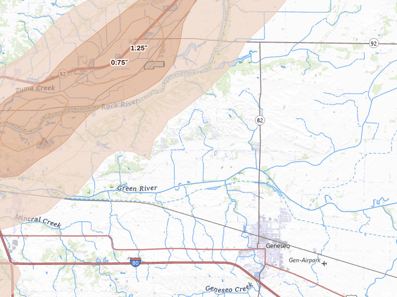 Radar-estimated hail-size map of the storm over Geneseo, IL on Apr 2, 2026