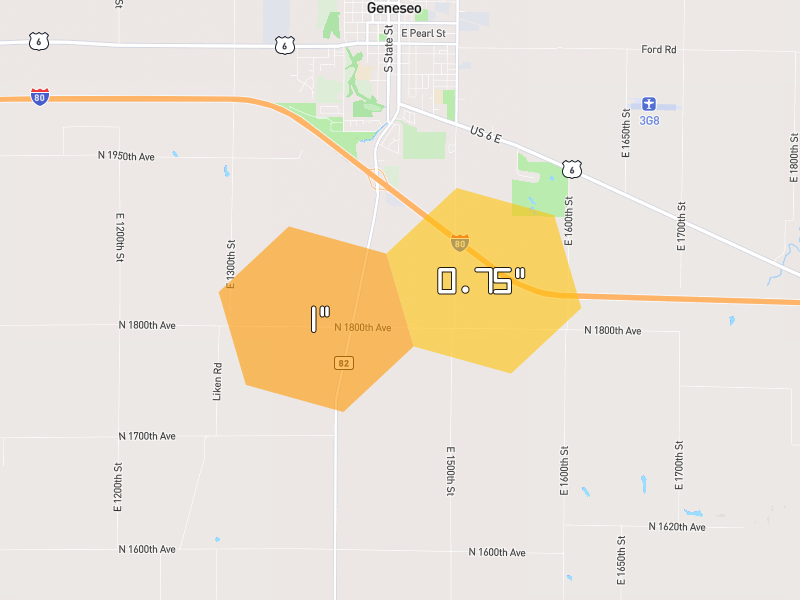Hail map of Geneseo, IL on Jun 6, 2026, hail up to 1"