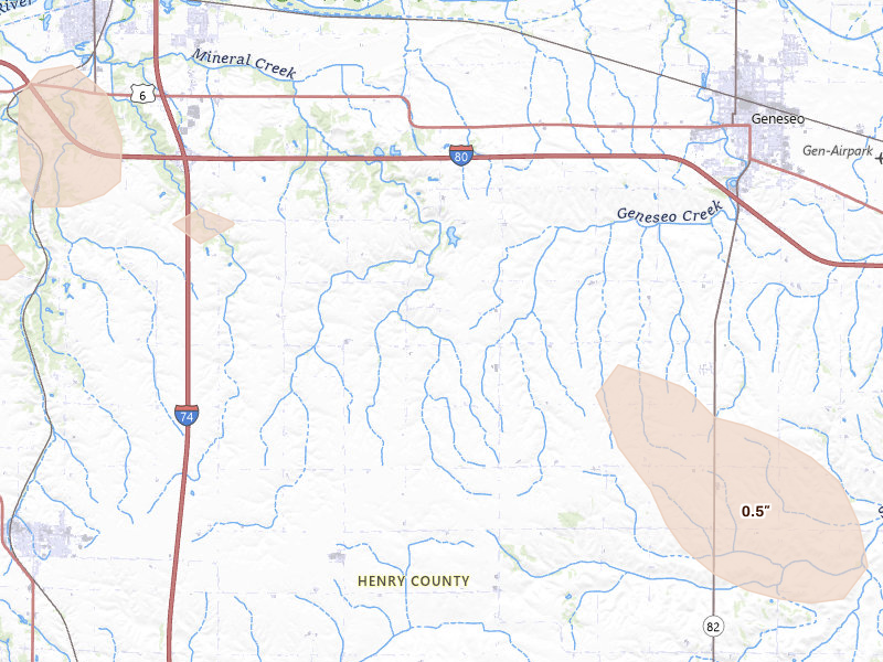 Radar-estimated hail-size map of the storm over Geneseo, IL on Aug 21, 2026
