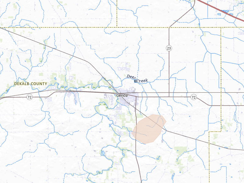 Radar-estimated hail-size map of the storm over Genoa, IL on Jun 10, 2026