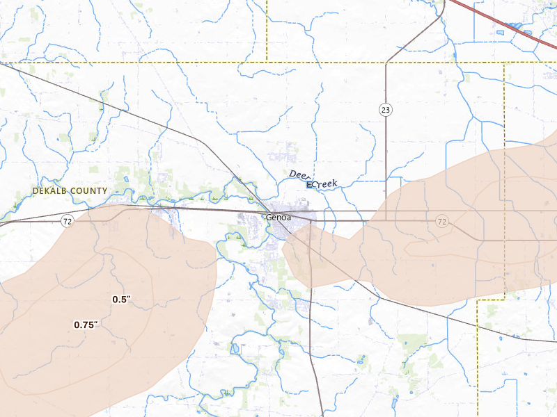 Radar-estimated hail-size map of the storm over Genoa, IL on Jul 3, 2026
