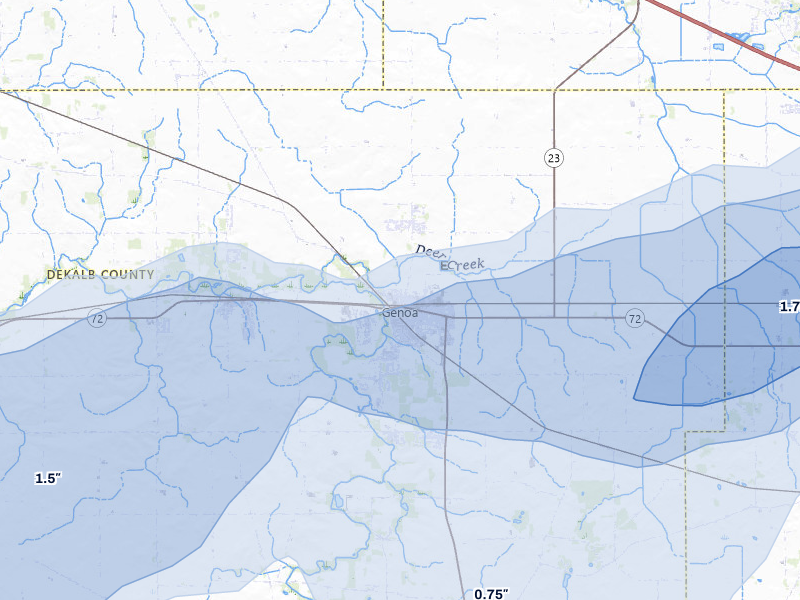 NEXRAD radar-signature map of the hail storm over Genoa, IL on Jul 3, 2026