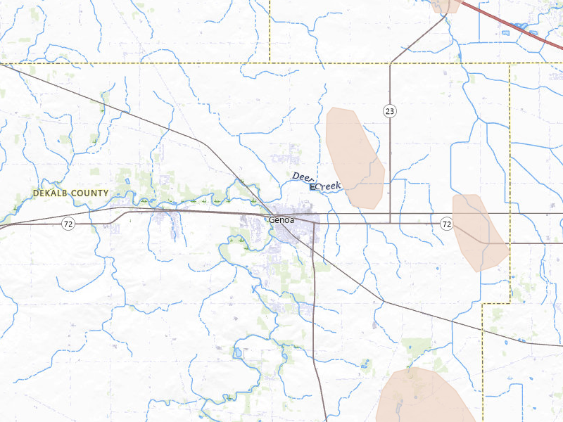 Radar-estimated hail-size map of the storm over Genoa, IL on Jul 27, 2026