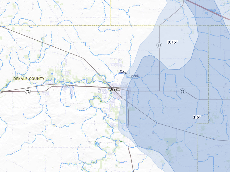 NEXRAD radar-signature map of the hail storm over Genoa, IL on Jul 27, 2026