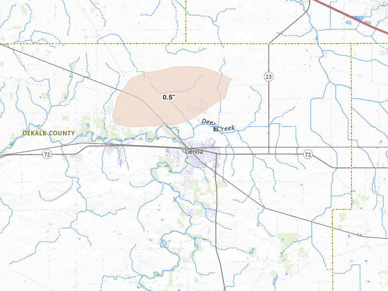 Radar-estimated hail-size map of the storm over Genoa, IL on Aug 9, 2026