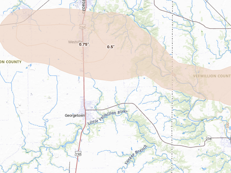 Radar-estimated hail-size map of the storm over Georgetown, IL on Jun 16, 2026