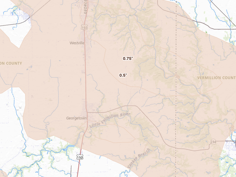 Radar-estimated hail-size map of the storm over Georgetown, IL on Aug 13, 2026