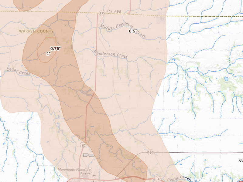 Radar-estimated hail-size map of the storm over Gerlaw, IL on Jul 20, 2026