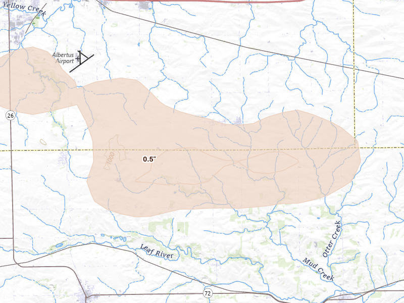 Radar-estimated hail-size map of the storm over German Valley, IL on Jul 3, 2026