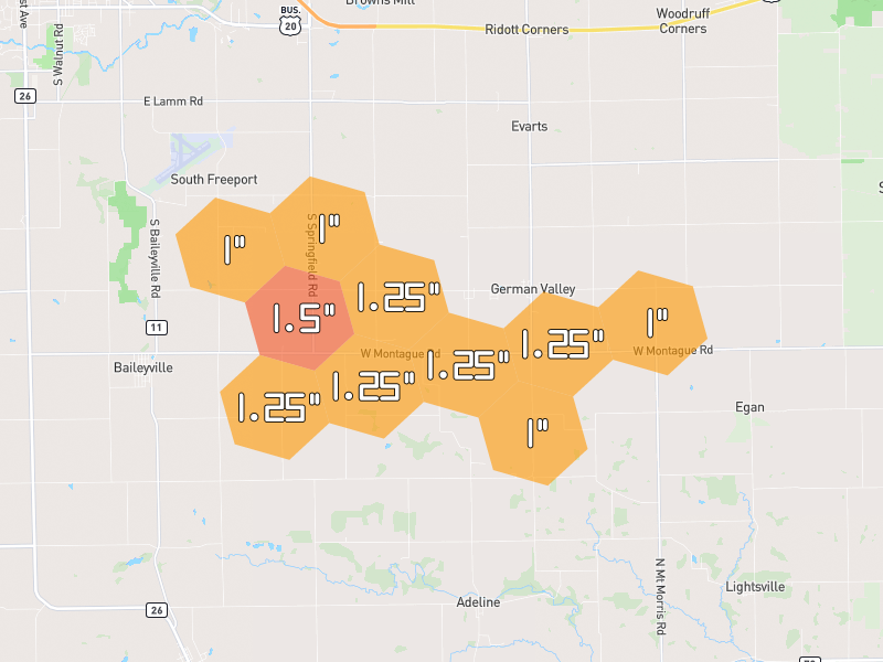 Hail map of German Valley, IL on Jul 3, 2026, hail up to 1.5"
