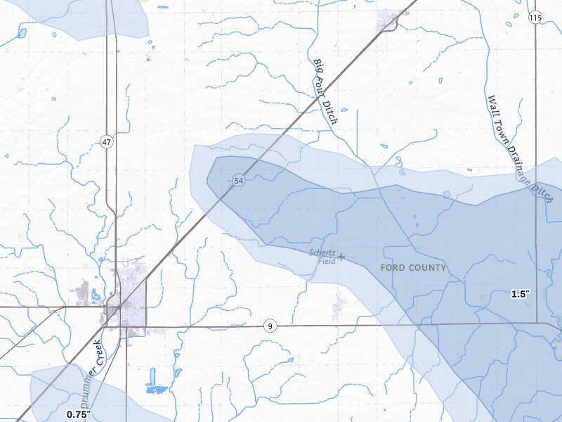 NEXRAD radar-signature map of the hail storm over Gibson City, IL on Aug 11, 2026