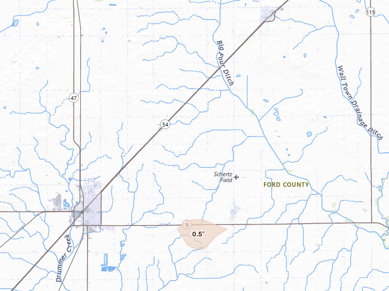 Radar-estimated hail-size map of the storm over Gibson City, IL on Aug 13, 2026