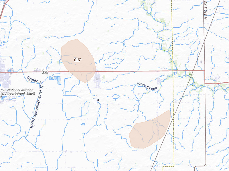 Radar-estimated hail-size map of the storm over Gifford, IL on Jul 4, 2026