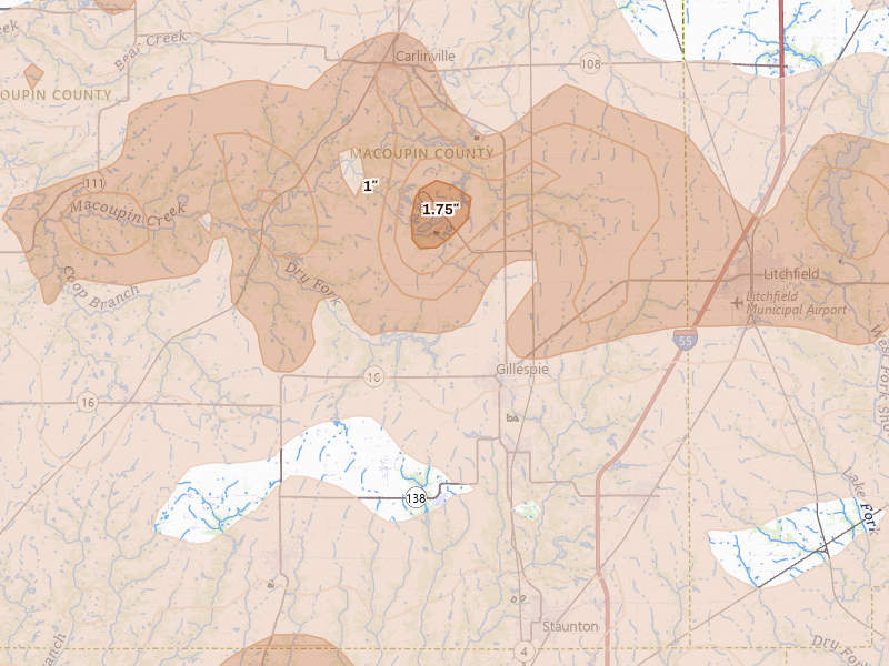 Radar-estimated hail-size map of the storm over Gillespie, IL on Apr 27, 2026