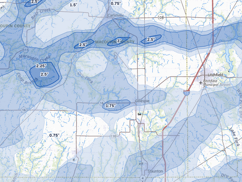 NEXRAD radar-signature map of the hail over Gillespie, IL