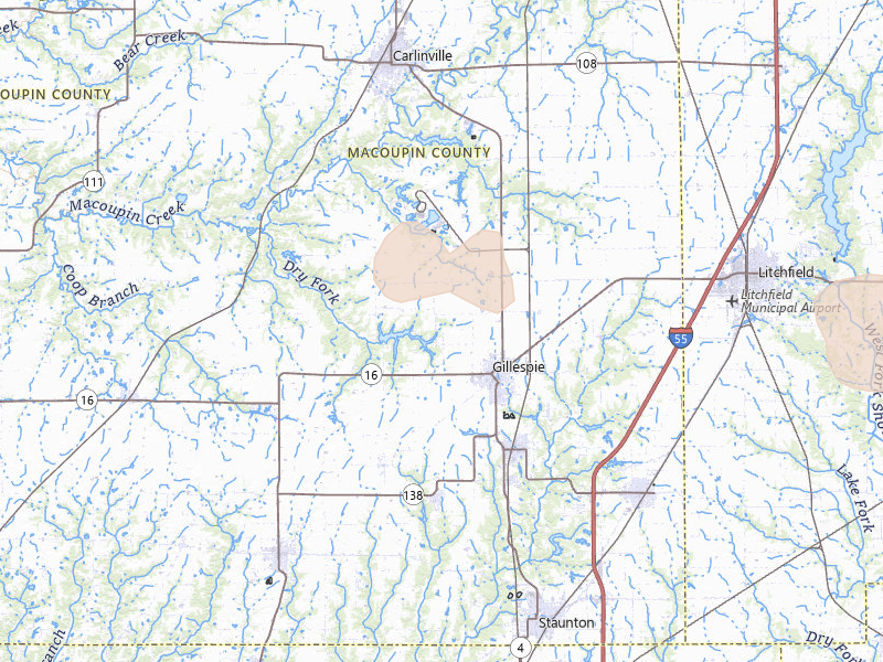 Radar-estimated hail-size map of the storm over Gillespie, IL on May 4, 2026