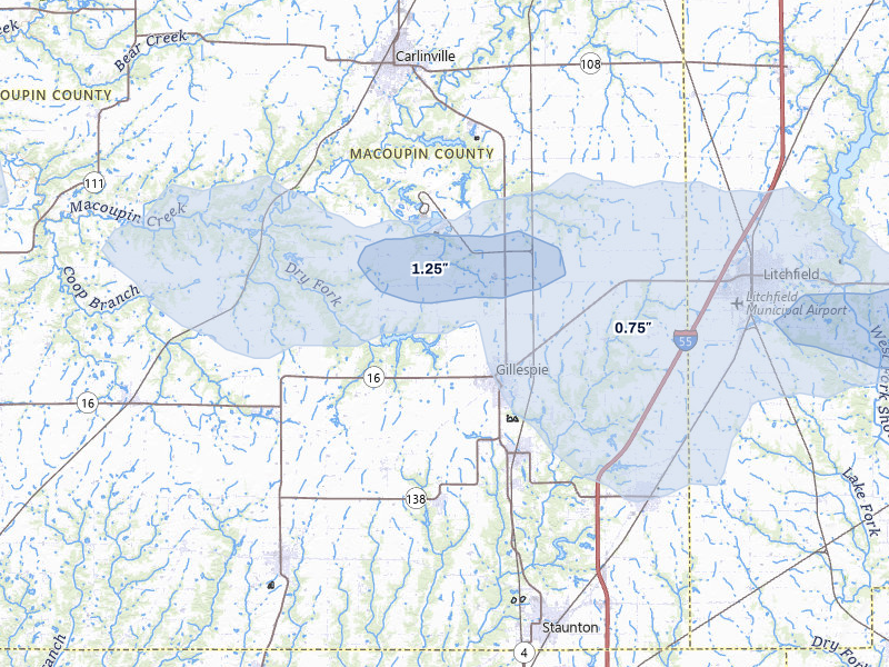 NEXRAD radar-signature map of the hail storm over Gillespie, IL on May 4, 2026