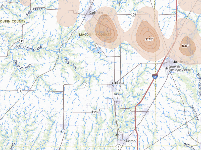 Radar-estimated hail-size map of the storm over Gillespie, IL on Jun 17, 2026