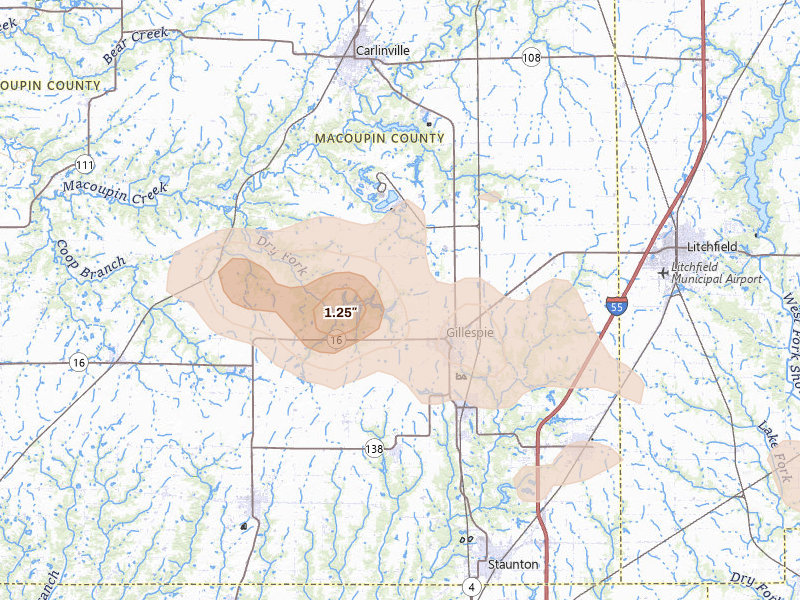 Radar-estimated hail-size map of the storm over Gillespie, IL on Jul 10, 2026