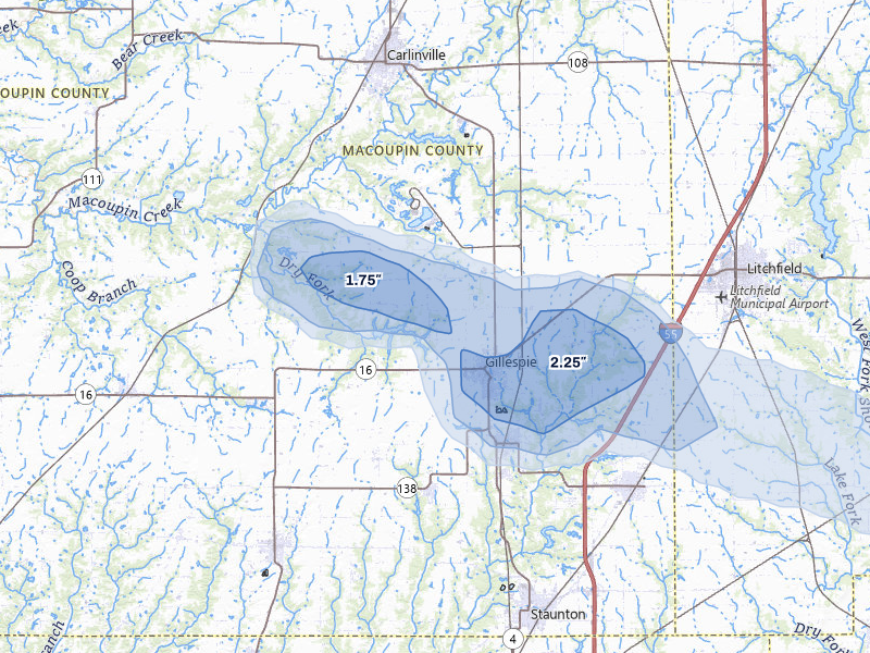NEXRAD radar-signature map of the hail storm over Gillespie, IL on Jul 10, 2026