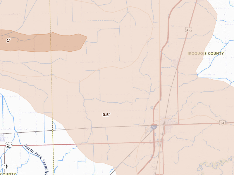 Radar-estimated hail-size map of the storm over Gilman, IL on Aug 9, 2026