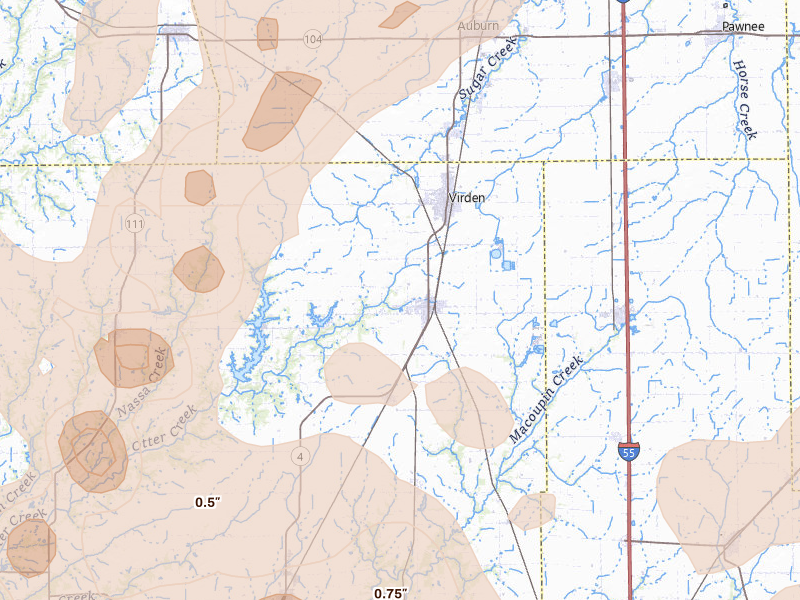 Radar-estimated hail-size map of the storm over Girard, IL on Apr 27, 2026