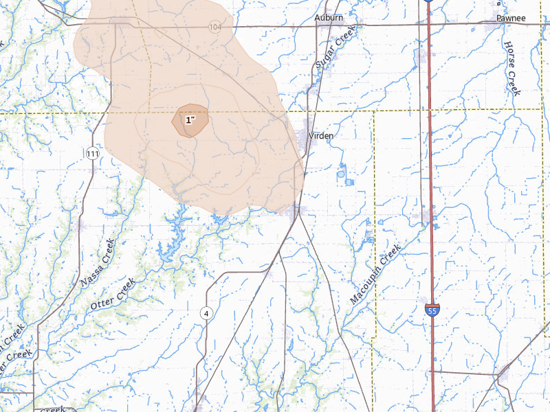 Radar-estimated hail-size map of the storm over Girard, IL on May 4, 2026