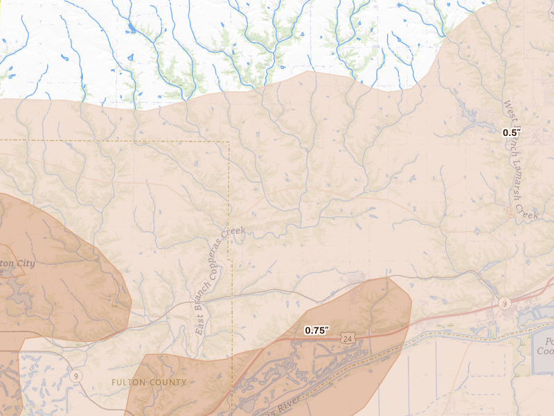 Radar-estimated hail-size map of the storm over Glasford, IL on Jun 11, 2026