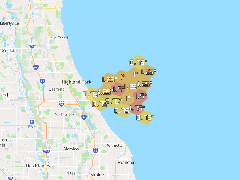 Hail map of Glencoe, IL on Jul 3, 2026, hail up to 1.75"