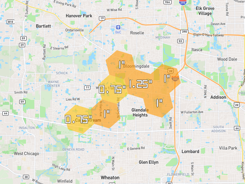 Hail map of Glendale Heights, IL on Jul 4, 2026, hail up to 1.25"