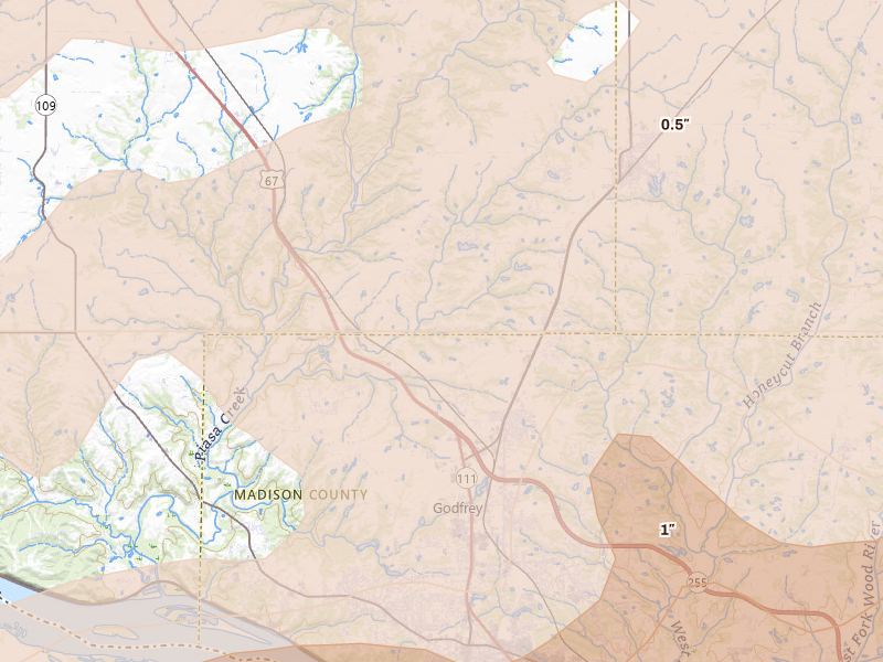 Radar-estimated hail-size map of the storm over Godfrey, IL on Apr 27, 2026