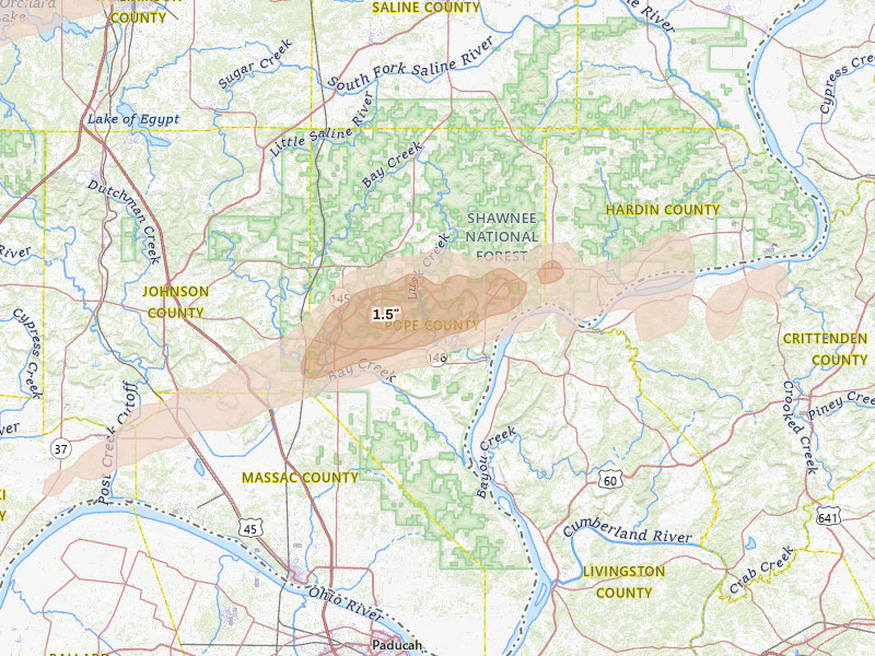 Radar-estimated hail-size map of the storm over Golconda, IL on Mar 4, 2026