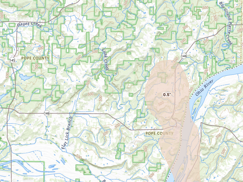 Radar-estimated hail-size map of the storm over Golconda, IL on Jul 26, 2026