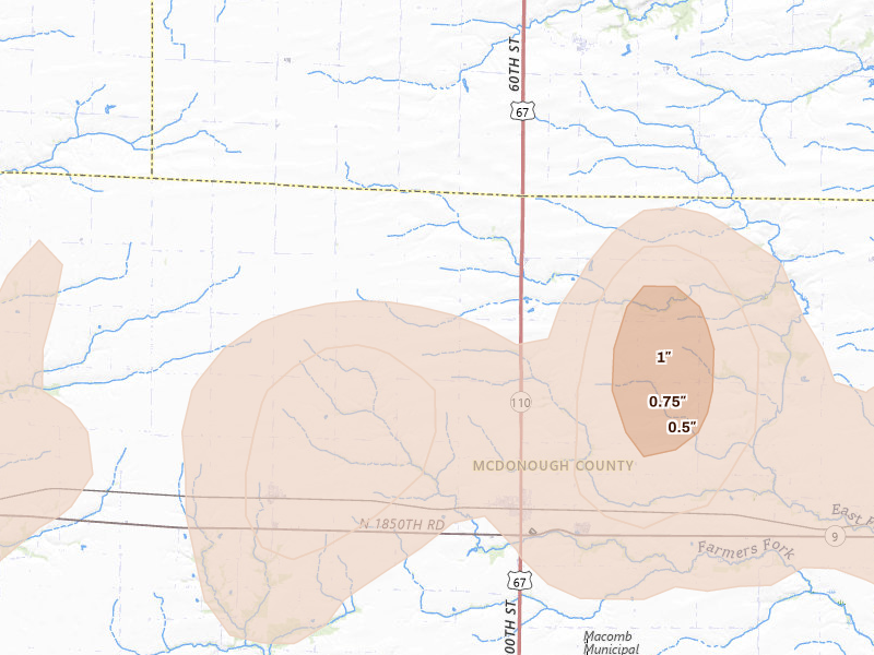 Radar-estimated hail-size map of the storm over Good Hope, IL on Jun 17, 2026