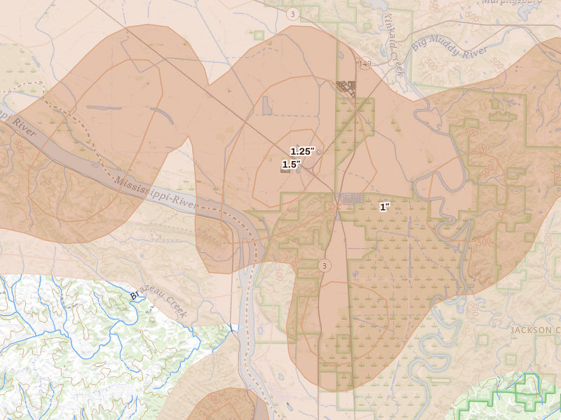 Radar-estimated hail-size map of the storm over Gorham, IL on Apr 27, 2026