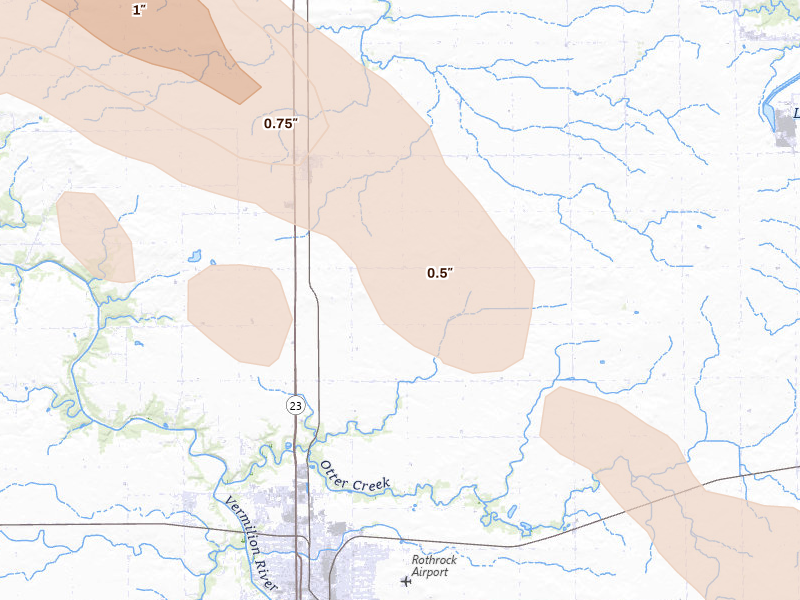 Radar-estimated hail-size map of the storm over Grand Ridge, IL on Jun 24, 2026