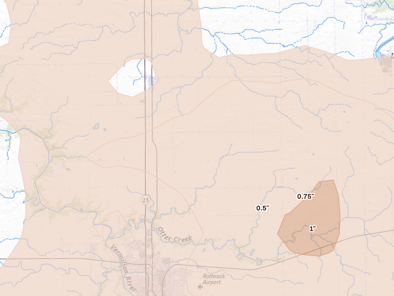Radar-estimated hail-size map of the storm over Grand Ridge, IL on Aug 9, 2026