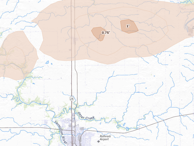 Radar-estimated hail-size map of the storm over Grand Ridge, IL on Aug 11, 2026