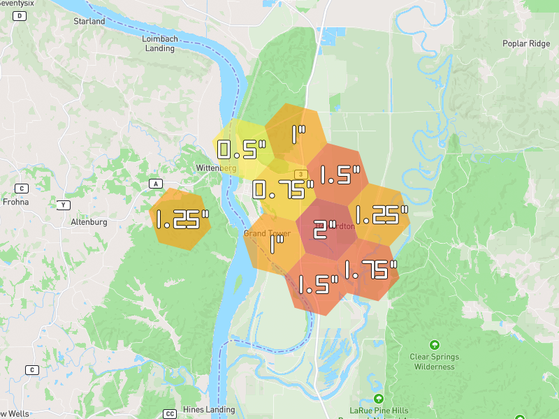 Hail map of Grand Tower, IL on Jul 4, 2026, hail up to 2"