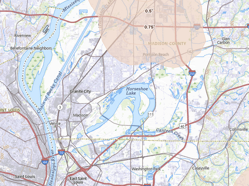 Radar-estimated hail-size map of the storm over Granite City, IL on May 31, 2026