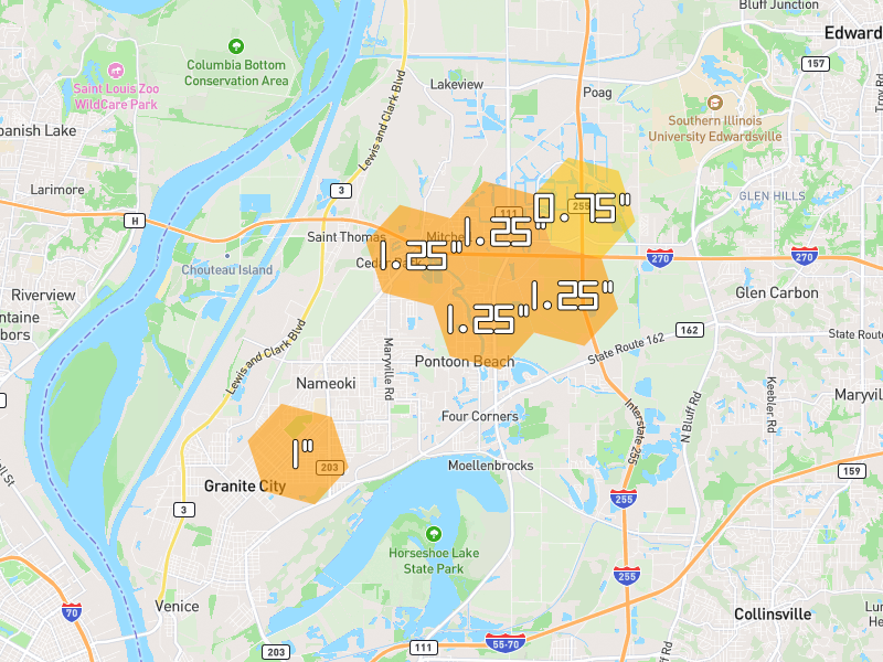 Hail map of Granite City, IL on Jun 1, 2026, hail up to 1.25"